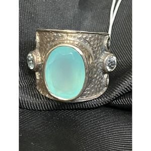 New Genuine Gemstone Sterling Ring Sz 5.5 YS India Chalcedony & Topaz 3/4" Wide
